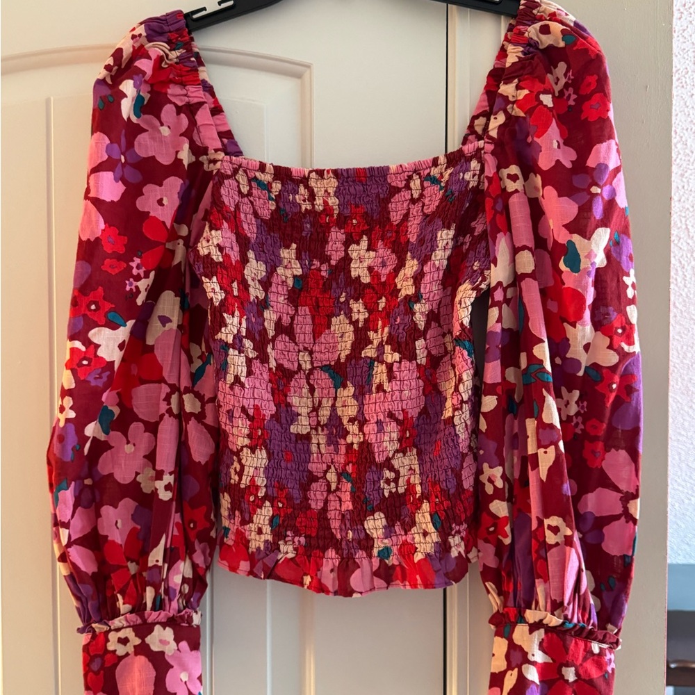 Free People Red and Pink Floral Smocked Blouse